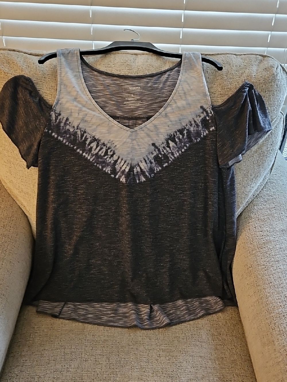 Sonoma Cold-Shoulder V-Neck Top in Charcoal and Light Gray Accent